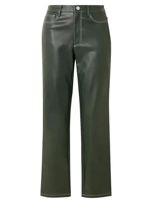 Staud Elliot Vegan Dark Green Leather Straight Pants